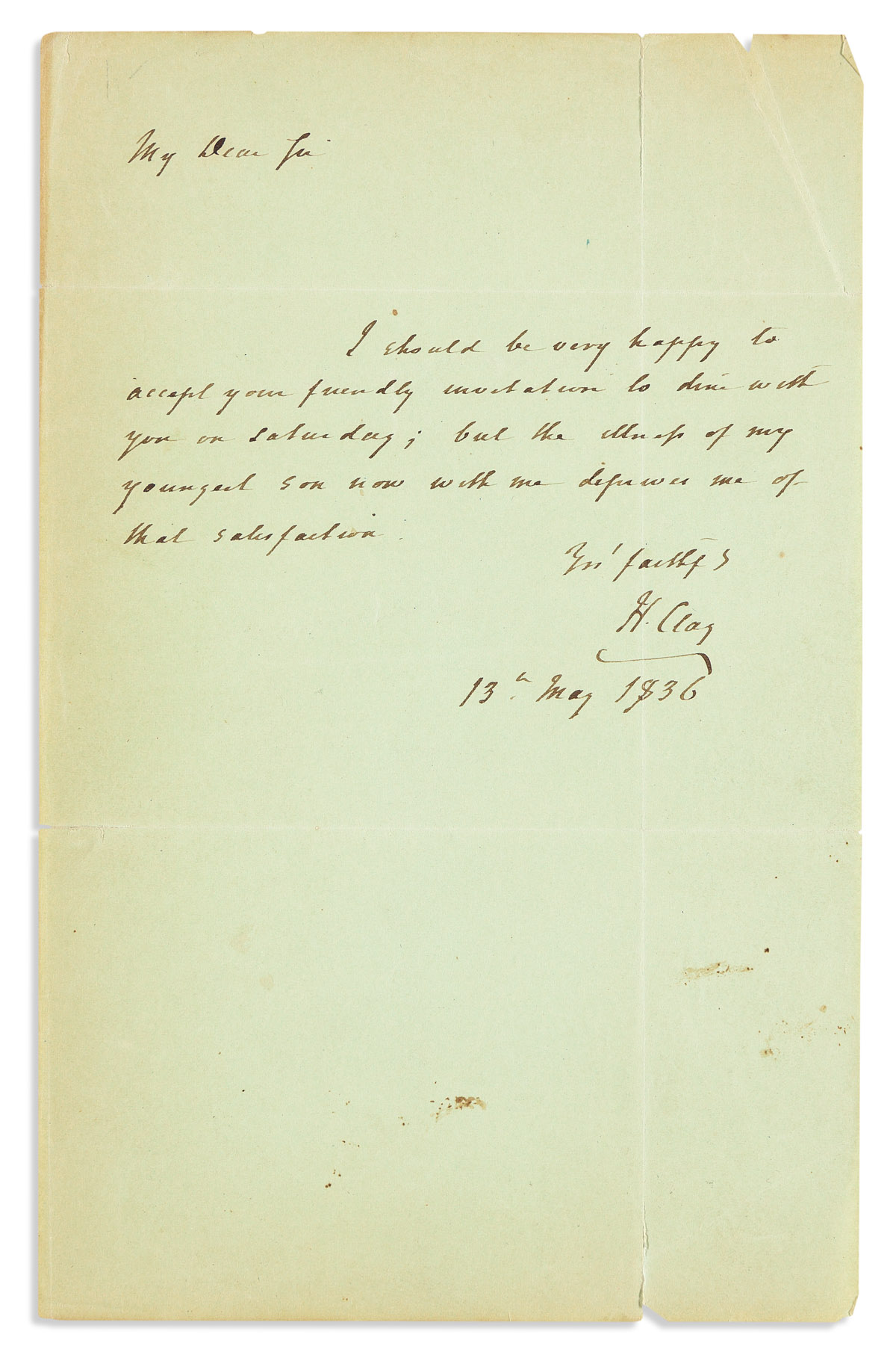 CLAY, HENRY. Autograph Letter Signed, H. Clay, to Representative George Corbin Washington (My Dear Sir),